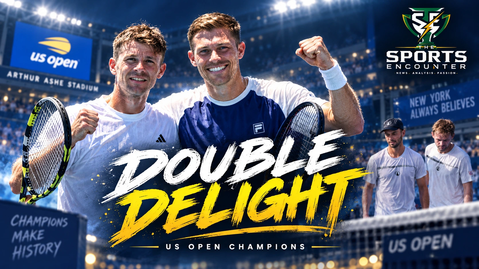 Christian Harrison and Neal Skupski celebrate their 2026 US Open men’s doubles title at Arthur Ashe Stadium after beating Kevin Krawietz and Tim Puetz in straight sets.