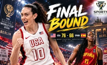 Breanna Stewart celebrates as Team USA beat Spain 76-66 in the 2026 FIBA Women’s Basketball World Cup semifinal in Berlin to reach the final.