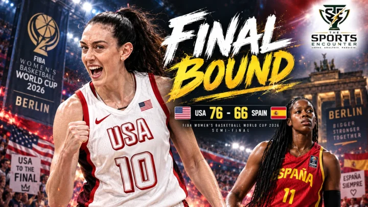 Breanna Stewart celebrates as Team USA beat Spain 76-66 in the 2026 FIBA Women’s Basketball World Cup semifinal in Berlin to reach the final.