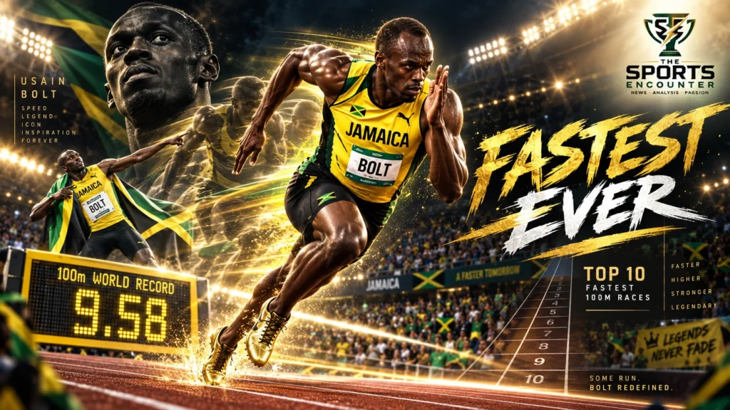 Usain Bolt sprints at full speed in a cinematic athletics graphic highlighting his 10 fastest legal 100m races and world-record legacy.