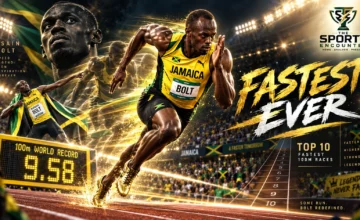 Usain Bolt sprints at full speed in a cinematic athletics graphic highlighting his 10 fastest legal 100m races and world-record legacy.