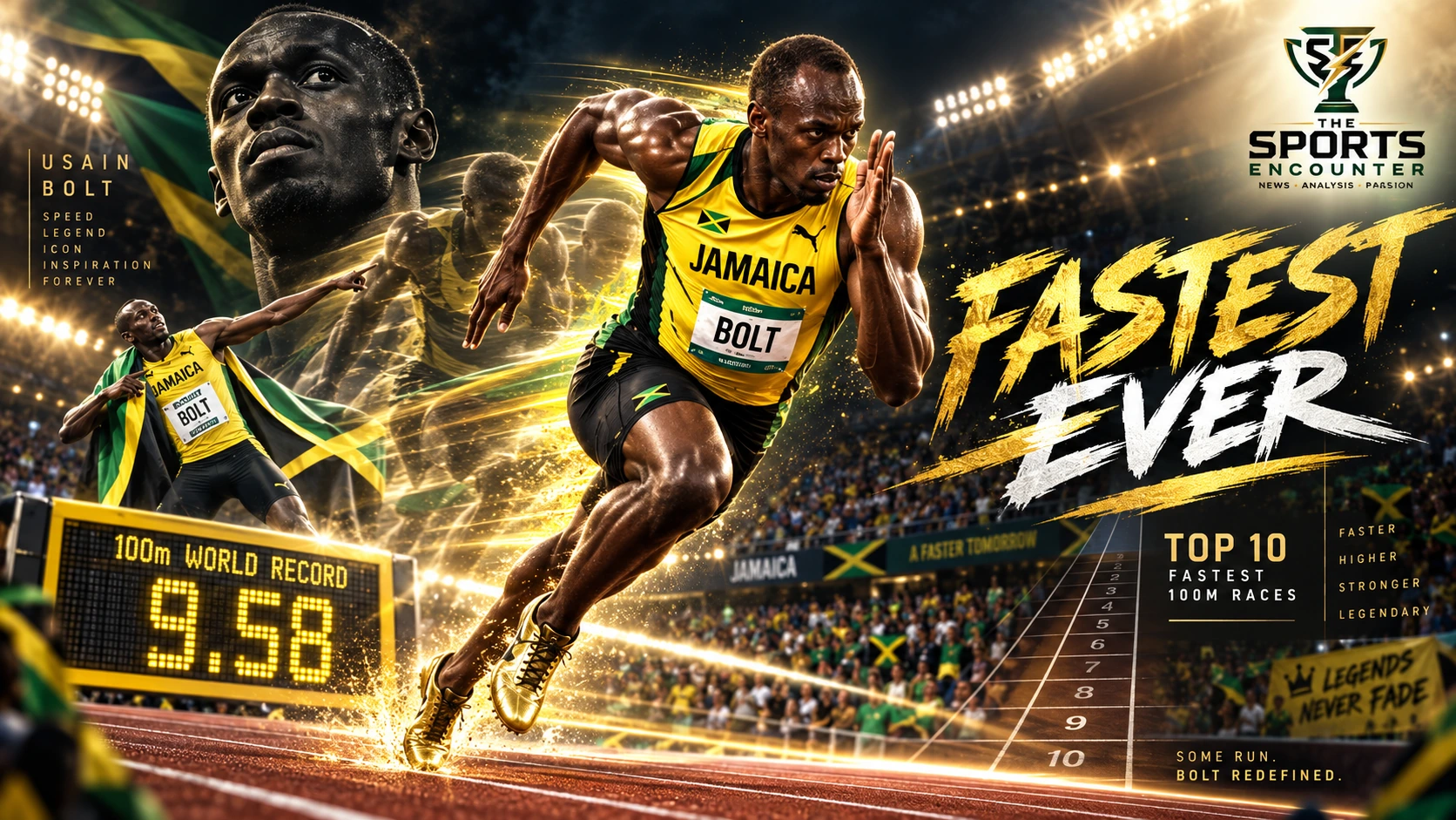 Usain Bolt sprints at full speed in a cinematic athletics graphic highlighting his 10 fastest legal 100m races and world-record legacy.