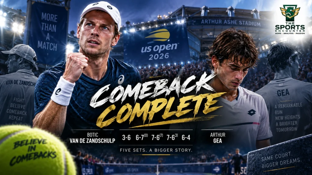 Botic van de Zandschulp celebrates after coming back from two sets down to defeat Arthur Gea in five sets at the 2026 US Open.