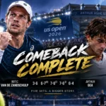 Botic van de Zandschulp celebrates after coming back from two sets down to defeat Arthur Gea in five sets at the 2026 US Open.