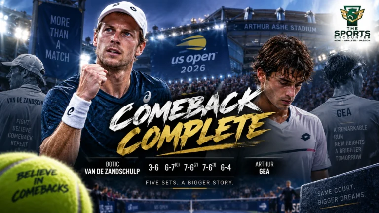 Botic van de Zandschulp celebrates after coming back from two sets down to defeat Arthur Gea in five sets at the 2026 US Open.