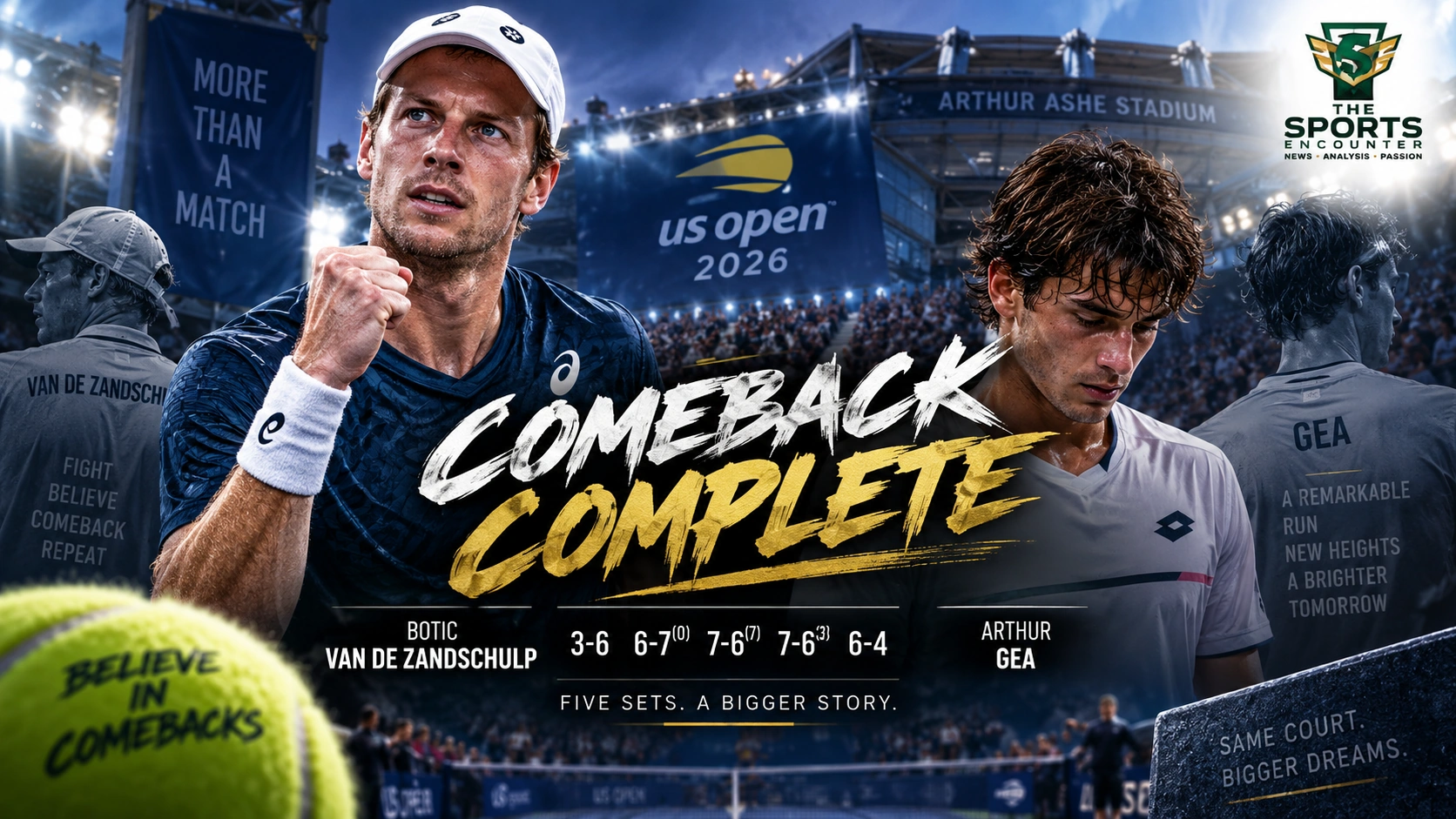 Botic van de Zandschulp celebrates after coming back from two sets down to defeat Arthur Gea in five sets at the 2026 US Open.