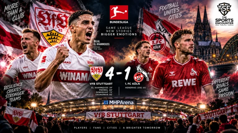 Bilal El Khannouss and VfB Stuttgart celebrate a 4-1 Bundesliga victory over Köln at the MHPArena ahead of their UEFA Champions League return.