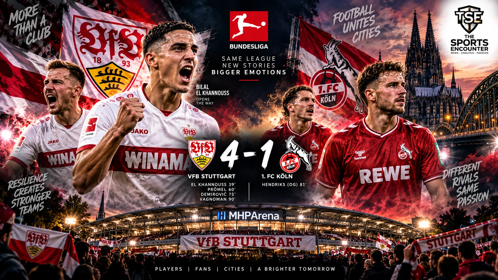 Bilal El Khannouss and VfB Stuttgart celebrate a 4-1 Bundesliga victory over Köln at the MHPArena ahead of their UEFA Champions League return.
