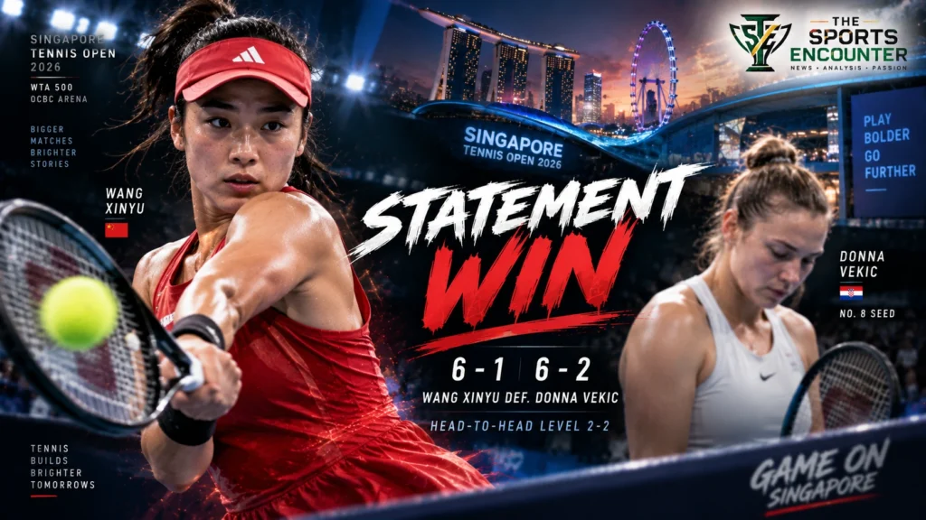Wang Xinyu celebrates during her 6-1, 6-2 first-round victory over No. 8 seed Donna Vekic at the 2026 Singapore Tennis Open.