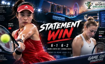 Wang Xinyu celebrates during her 6-1, 6-2 first-round victory over No. 8 seed Donna Vekic at the 2026 Singapore Tennis Open.