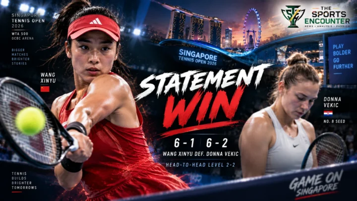 Wang Xinyu celebrates during her 6-1, 6-2 first-round victory over No. 8 seed Donna Vekic at the 2026 Singapore Tennis Open.