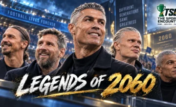 AI-aged versions of Lionel Messi, Cristiano Ronaldo, Erling Haaland, Kylian Mbappé and Zlatan Ibrahimović imagined as older football legends in 2060.
