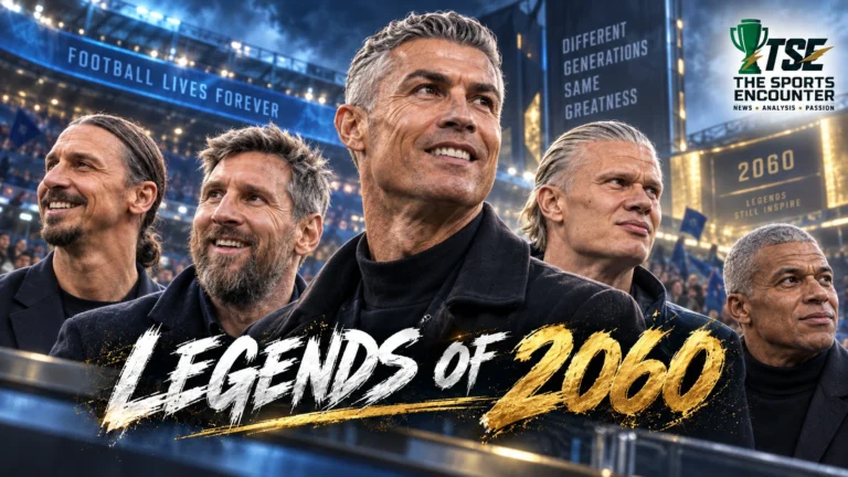 AI-aged versions of Lionel Messi, Cristiano Ronaldo, Erling Haaland, Kylian Mbappé and Zlatan Ibrahimović imagined as older football legends in 2060.