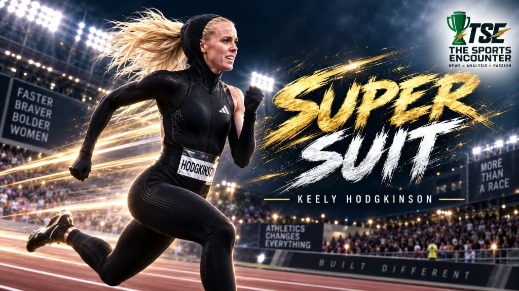 Keely Hodgkinson races in her futuristic black hooded Nike speed suit during her 800m victory at ATHLOS London 2026.