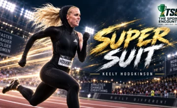 Keely Hodgkinson races in her futuristic black hooded Nike speed suit during her 800m victory at ATHLOS London 2026.
