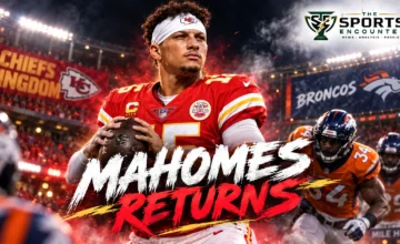 Patrick Mahomes prepares to return for the Kansas City Chiefs against the Denver Broncos in a cinematic Week 1 matchup graphic.