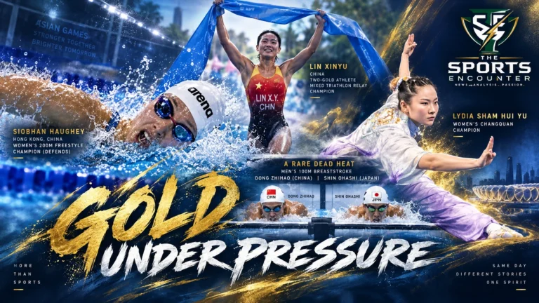 Siobhan Haughey celebrates her defended 200m freestyle title alongside Asian Games champions Lin Xinyu and Lydia Sham, with Dong Zhihao and Shin Ohashi sharing breaststroke gold.