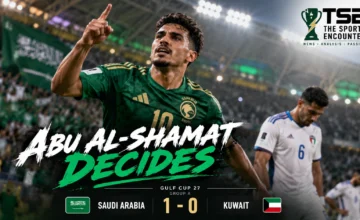 Mohammed Abu Al-Shamat celebrates Saudi Arabia’s winning goal against Kuwait in the Gulf Cup 27 Group A opener at Al-Inma Stadium in Jeddah.