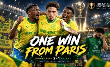 Nuno Santos celebrates with Mamelodi Sundowns teammates after scoring twice in their 2-1 FIFA Intercontinental Cup victory over Al Ahli in Pretoria.