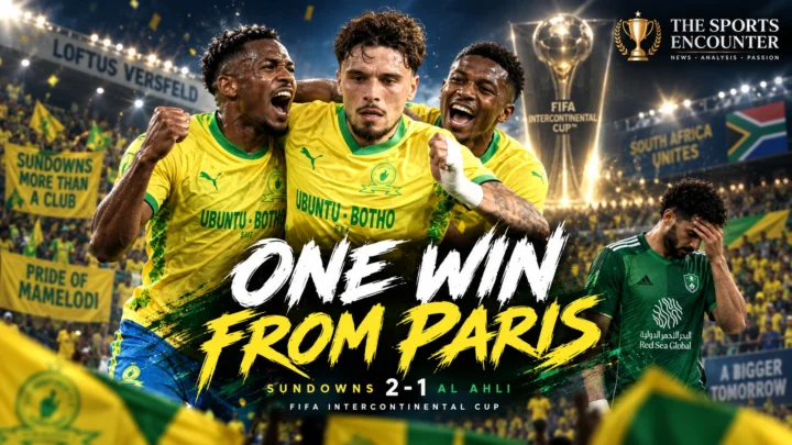 Nuno Santos celebrates with Mamelodi Sundowns teammates after scoring twice in their 2-1 FIFA Intercontinental Cup victory over Al Ahli in Pretoria.