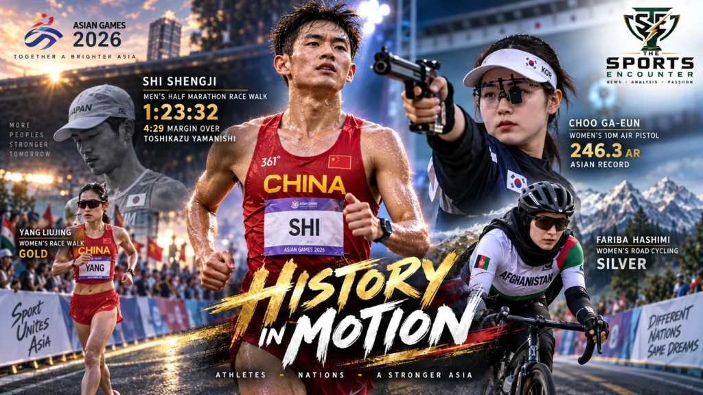 Shi Shengji celebrates China’s inaugural Asian Games half marathon race-walk gold alongside Choo Ga-eun’s shooting triumph and Fariba Hashimi’s historic cycling silver at Aichi-Nagoya 2026.