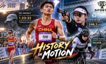 Shi Shengji celebrates China’s inaugural Asian Games half marathon race-walk gold alongside Choo Ga-eun’s shooting triumph and Fariba Hashimi’s historic cycling silver at Aichi-Nagoya 2026.