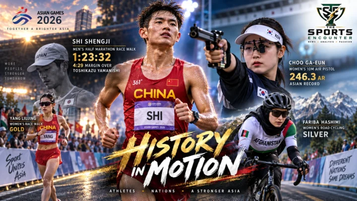Shi Shengji celebrates China’s inaugural Asian Games half marathon race-walk gold alongside Choo Ga-eun’s shooting triumph and Fariba Hashimi’s historic cycling silver at Aichi-Nagoya 2026.