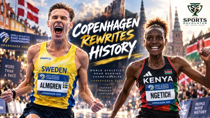 Agnes Ngetich and Andreas Almgren celebrate their 2026 World Athletics Road Running Championships half marathon titles in Copenhagen after running 1:05:15 and 58:06.
