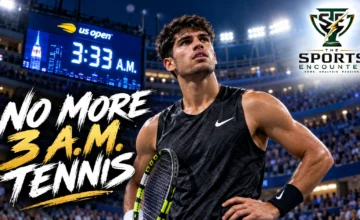 Carlos Alcaraz at the 2026 US Open after his 3:33 a.m. quarterfinal against Ben Shelton, as the Spaniard calls for an 11 p.m. Grand Slam finish limit.