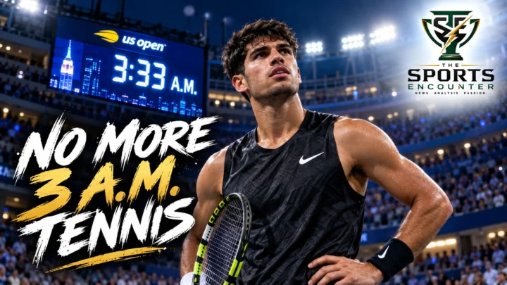 Carlos Alcaraz at the 2026 US Open after his 3:33 a.m. quarterfinal against Ben Shelton, as the Spaniard calls for an 11 p.m. Grand Slam finish limit.