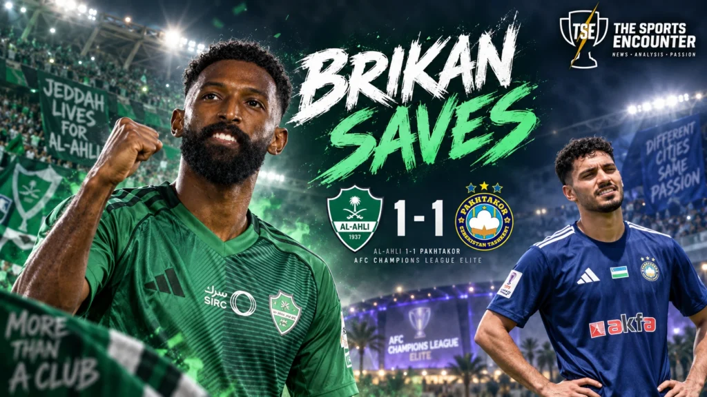 Feras Al-Brikan celebrates for Al-Ahli after his late equalizer against Pakhtakor in the AFC Champions League Elite 2026/27 opener in Jeddah.