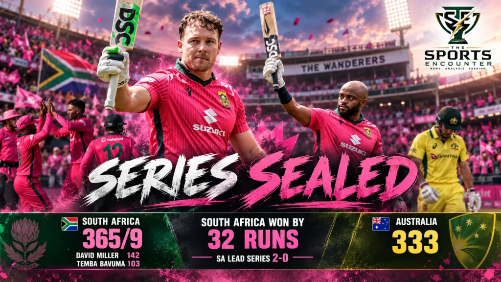 David Miller celebrates his 142 alongside Temba Bavuma as South Africa beat Australia by 32 runs at the Wanderers and seal the ODI series 2-0.