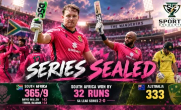 David Miller celebrates his 142 alongside Temba Bavuma as South Africa beat Australia by 32 runs at the Wanderers and seal the ODI series 2-0.