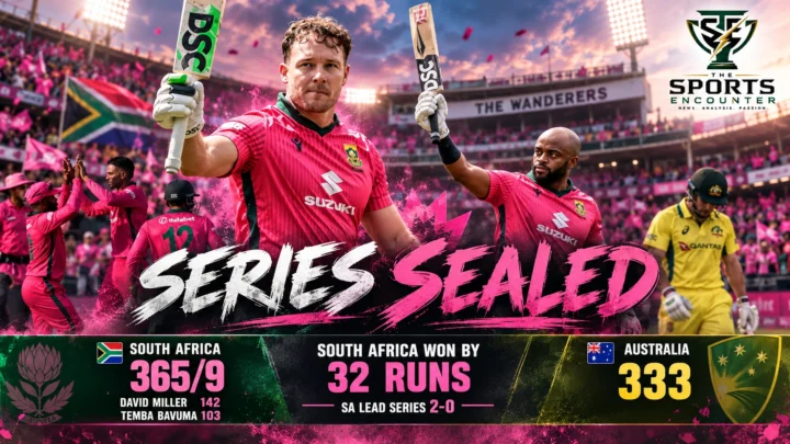 David Miller celebrates his 142 alongside Temba Bavuma as South Africa beat Australia by 32 runs at the Wanderers and seal the ODI series 2-0.