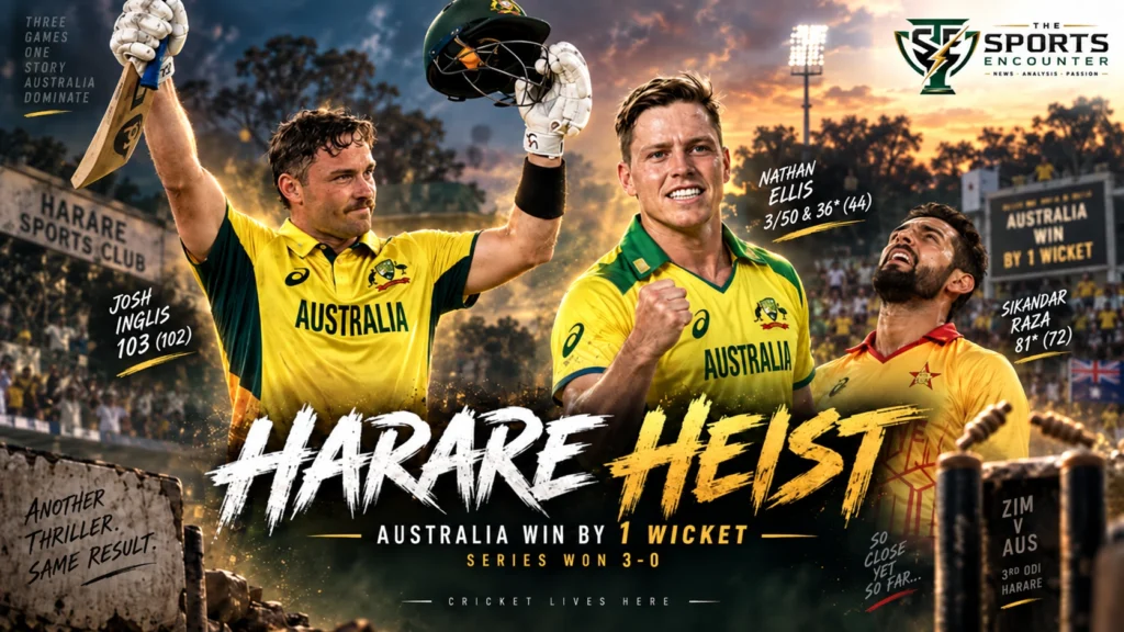 Nathan Ellis and Josh Inglis celebrate Australia’s one-wicket victory over Zimbabwe in the third ODI at Harare Sports Club after completing a 3-0 series sweep.