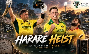 Nathan Ellis and Josh Inglis celebrate Australia’s one-wicket victory over Zimbabwe in the third ODI at Harare Sports Club after completing a 3-0 series sweep.