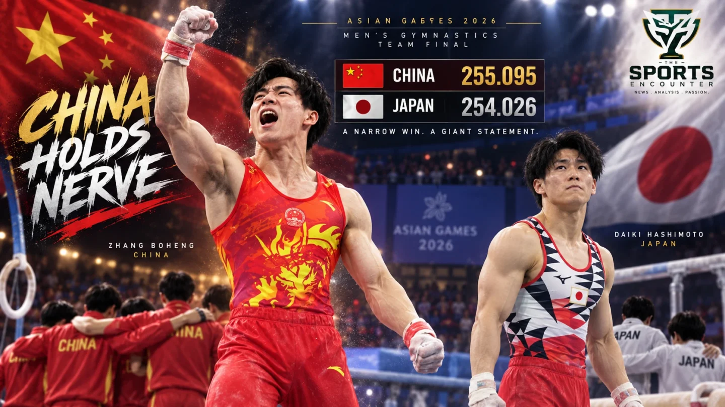 Zhang Boheng celebrates with China’s men’s gymnastics team after holding off Daiki Hashimoto and Japan to win the 2026 Asian Games team gold in Nagoya.