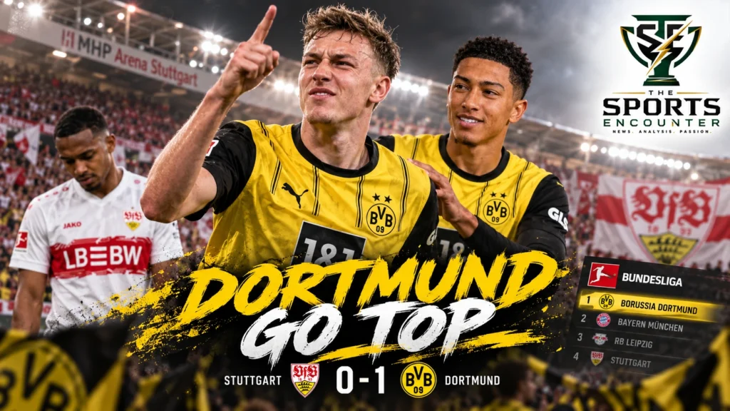 Maximilian Beier celebrates with Borussia Dortmund teammates after scoring the winner in a 1-0 Bundesliga victory at VfB Stuttgart.
