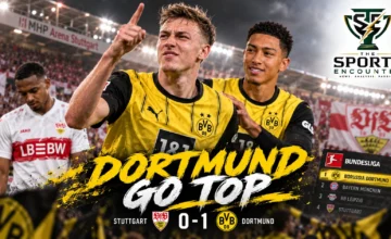 Maximilian Beier celebrates with Borussia Dortmund teammates after scoring the winner in a 1-0 Bundesliga victory at VfB Stuttgart.