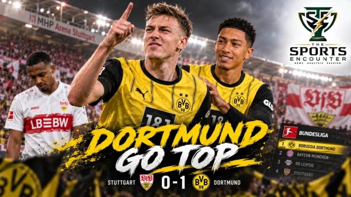 Maximilian Beier celebrates with Borussia Dortmund teammates after scoring the winner in a 1-0 Bundesliga victory at VfB Stuttgart.