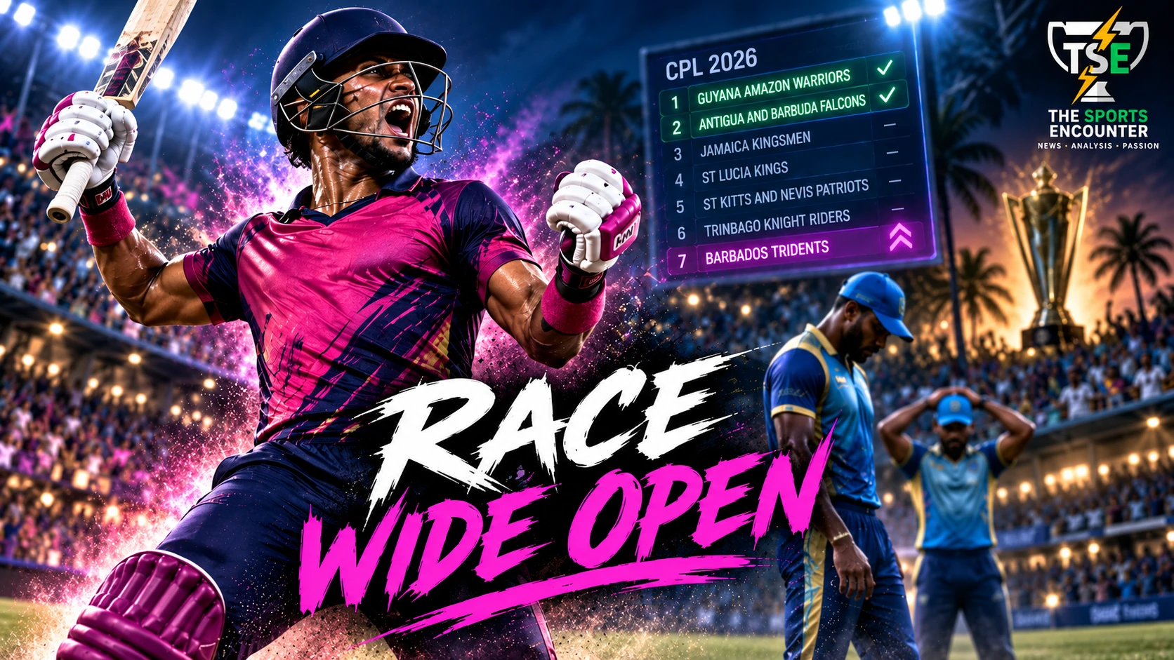 Barbados Tridents celebrate an eight-wicket win over St Lucia Kings as the CPL 2026 playoff race tightens for the final two qualification spots.