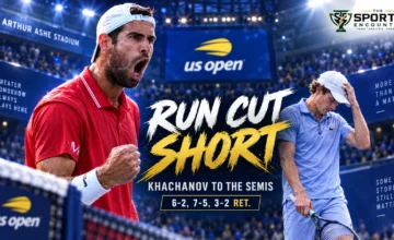 Karen Khachanov advances to the 2026 US Open semifinals after Alexander Blockx retires while trailing in their quarterfinal at Arthur Ashe Stadium.