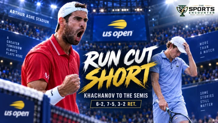 Karen Khachanov advances to the 2026 US Open semifinals after Alexander Blockx retires while trailing in their quarterfinal at Arthur Ashe Stadium.