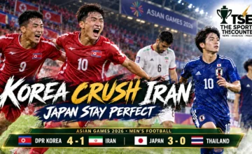 North Korea players celebrate their 4-1 comeback victory over Iran as Japan complete a perfect Asian Games 2026 men's football group stage.
