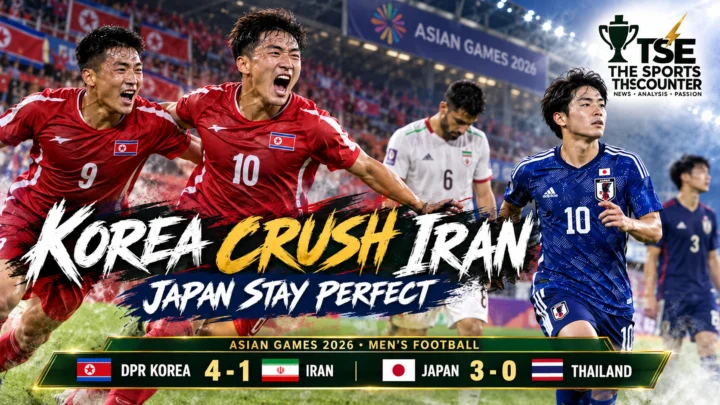 North Korea players celebrate their 4-1 comeback victory over Iran as Japan complete a perfect Asian Games 2026 men's football group stage.