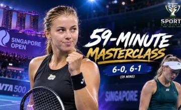 Maja Chwalinska celebrates after defeating Oleksandra Oliynykova 6-0, 6-1 in 59 minutes to reach the 2026 Singapore Open quarterfinals.