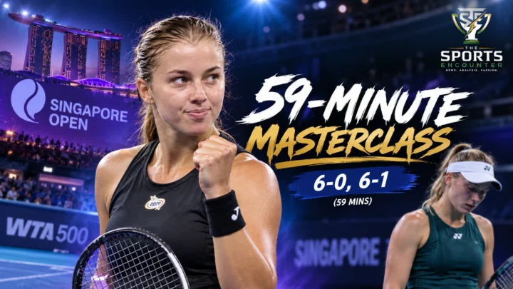Maja Chwalinska celebrates after defeating Oleksandra Oliynykova 6-0, 6-1 in 59 minutes to reach the 2026 Singapore Open quarterfinals.