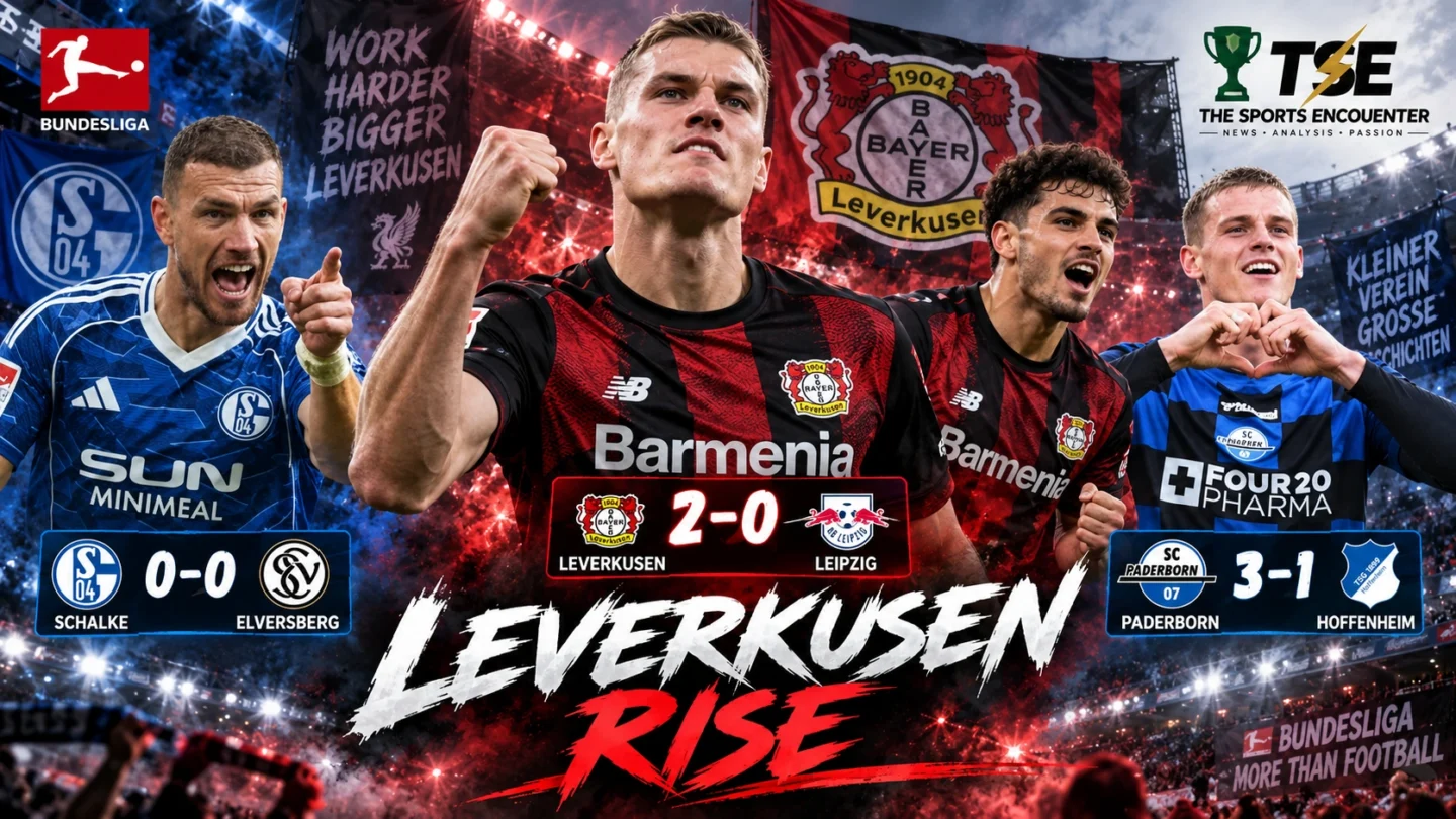 Patrik Schick and Miguel Gutiérrez celebrate Bayer Leverkusen's win over RB Leipzig alongside Paderborn and Schalke players from Bundesliga Matchday 4.