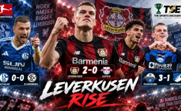 Patrik Schick and Miguel Gutiérrez celebrate Bayer Leverkusen's win over RB Leipzig alongside Paderborn and Schalke players from Bundesliga Matchday 4.