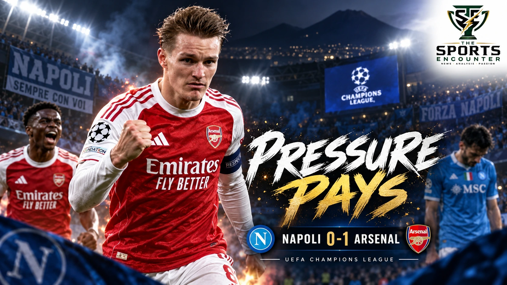 Martin Ødegaard celebrates after scoring Arsenal’s winner in a 1-0 Champions League victory over Napoli in Naples.
